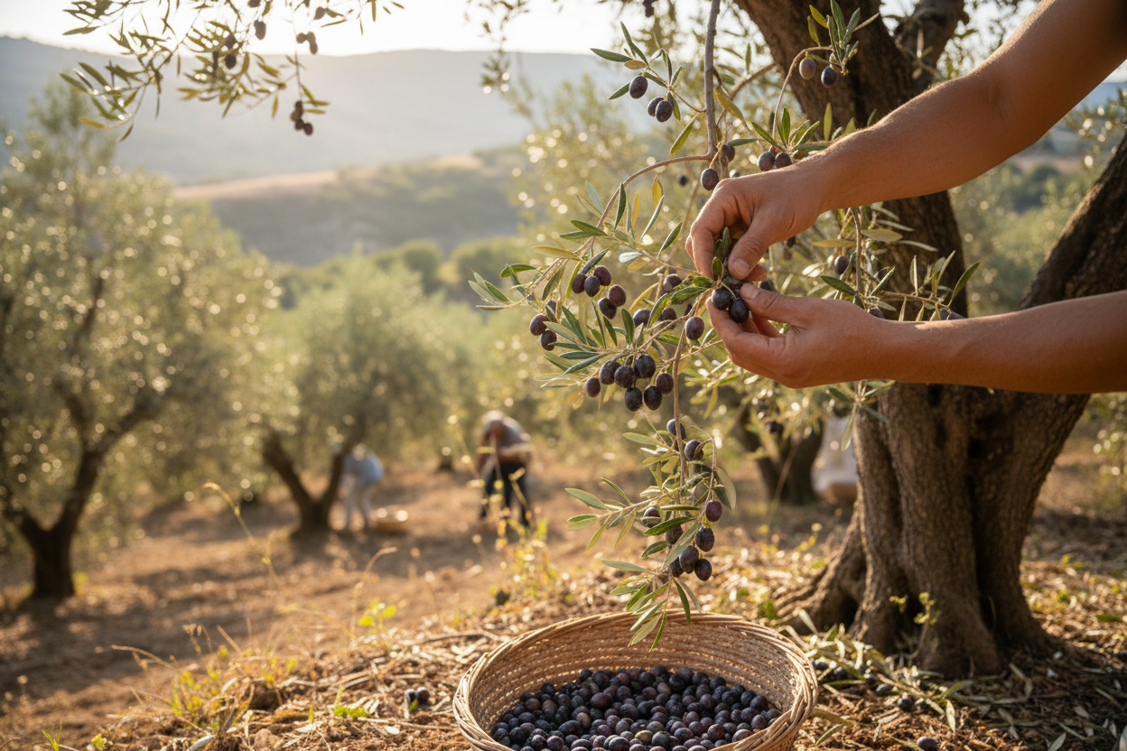 foto di un raccolto di olive di qualità (mentre si raccoglie) foto Hero fatta bene per page chi siamo 